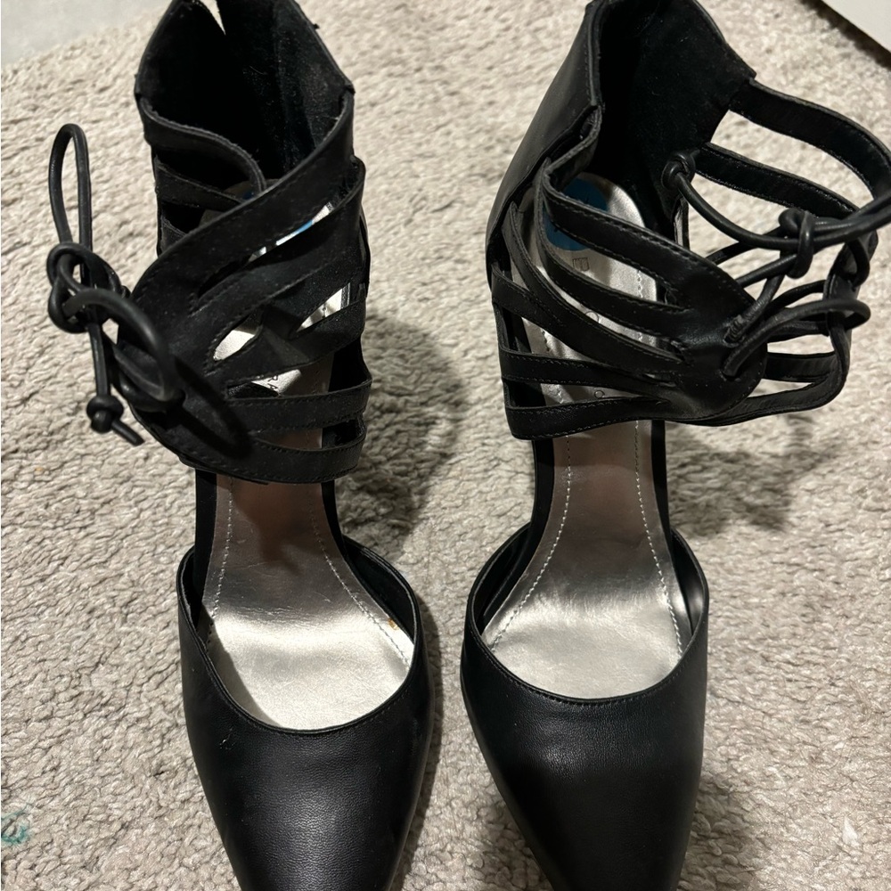 BCBG Black Strappy Heels with Pointed Toe